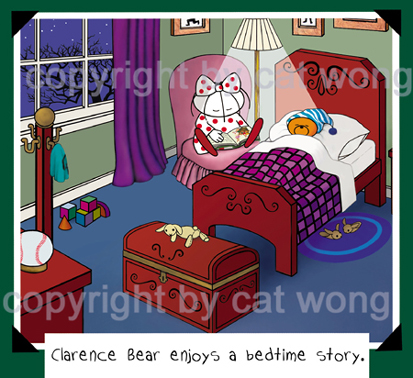 Clara reading a bedtime story to Clarence Bear