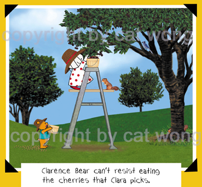 Clarence Bear eating cherries picked by Clara