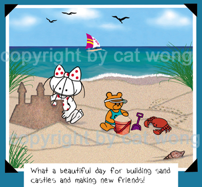 Clarence Bear and Clara making sand castles