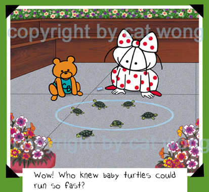 Clarence Bear and Clara watching a turtle race