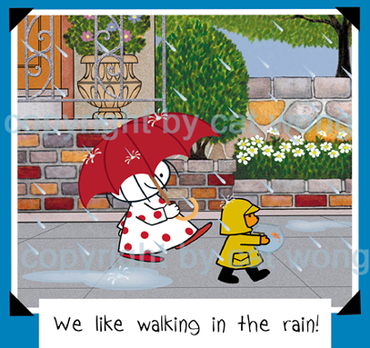Clara and Clarence Bear walking in the rain