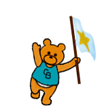 Clarence Bear waving a flag for Panda Rescue game.