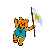 Clarence
                    Bear waving a flag for Panda Rescue game.